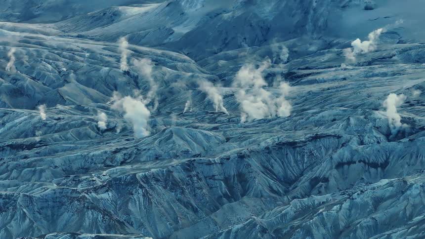 Aerial of a glacier valley during winter days