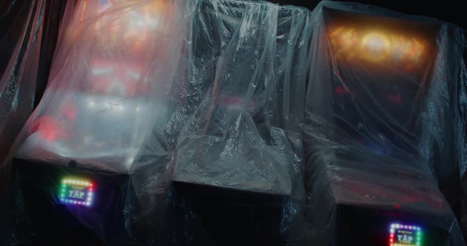 Gaming machines connected and wrapped in plastic