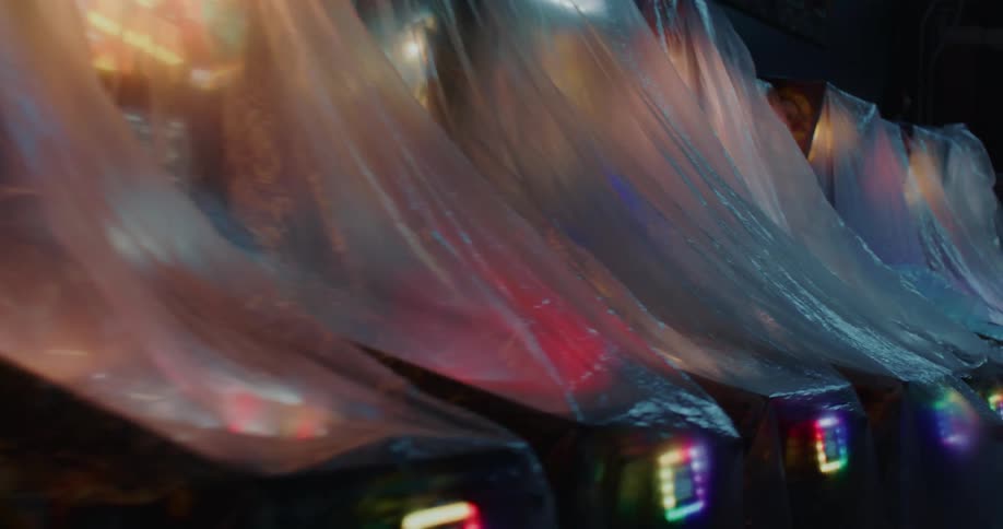 A row of functioning pinball machines wrapped in plastic
