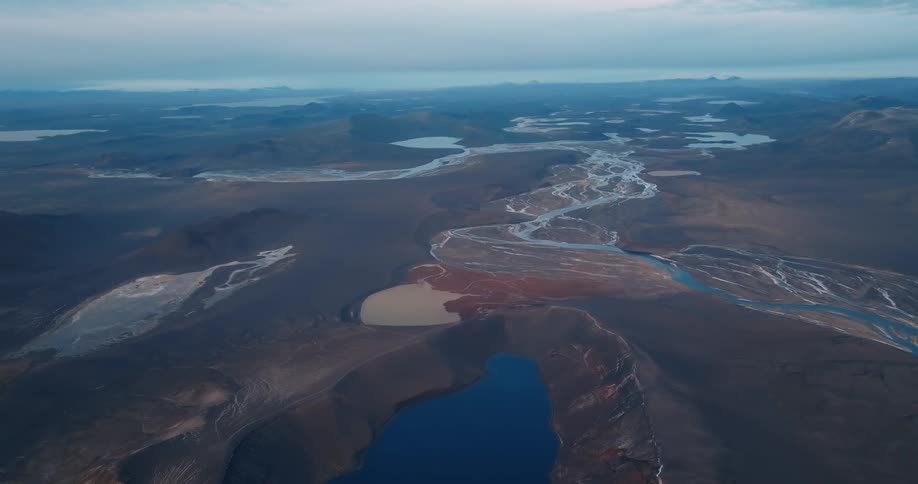 Aerial view of lakes in the highlands of Iceland