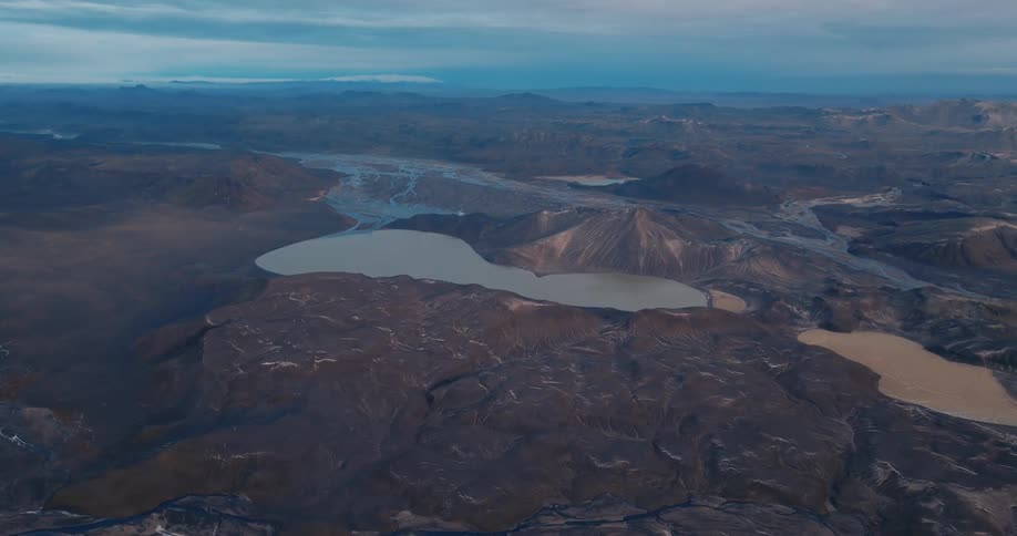 An aerial clip of lakes in a mountain area