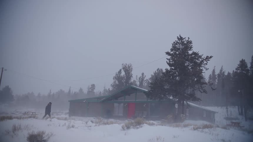 A person trudges to a house through blowing snow