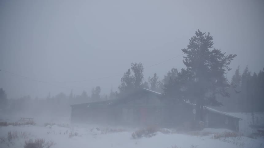 A person walking to a cabin during a blizzard