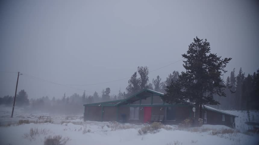 A small cabin with a red door and a green roof surrounded by snow and trees in the countryside