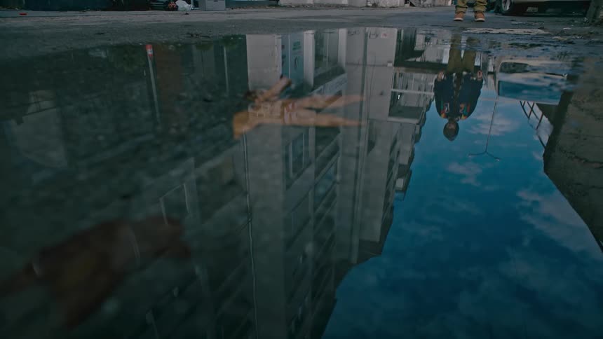 A puddle of water on the ground reflecting a boy who is standing