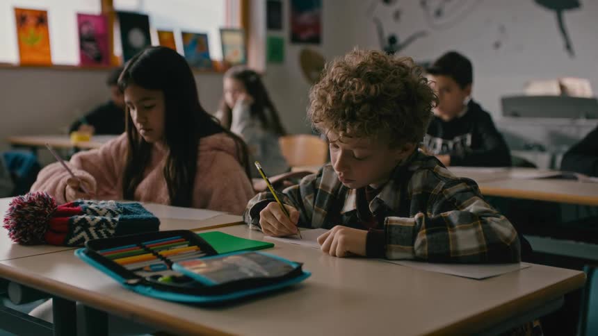 Classroom with children sitting at the table writing