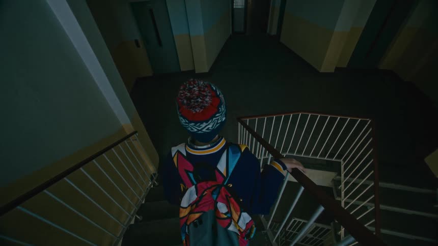Little boy going down the stairs of a residential building