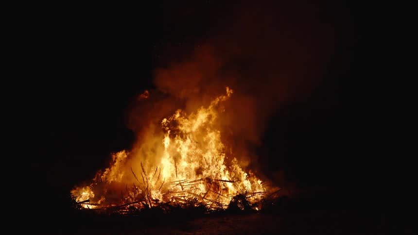 Flames rise in the darkness from a blazing fire in the woods