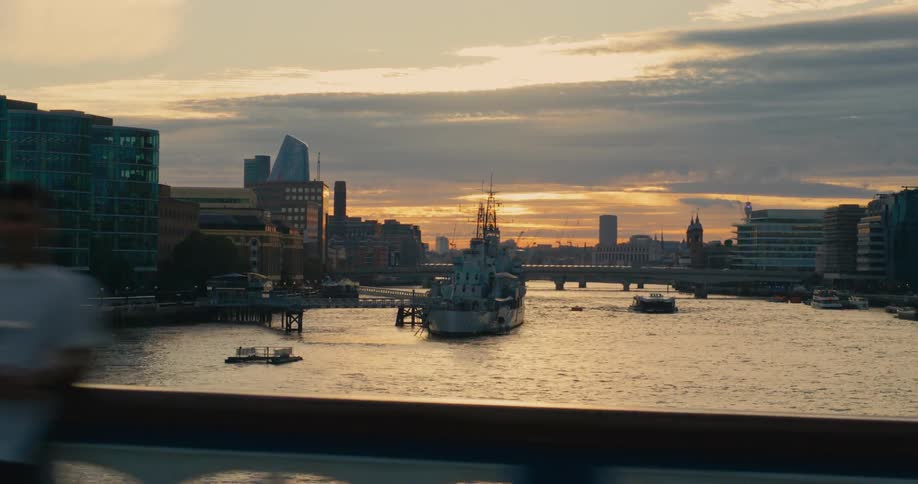 Skyline of a port area of a big city during sunset