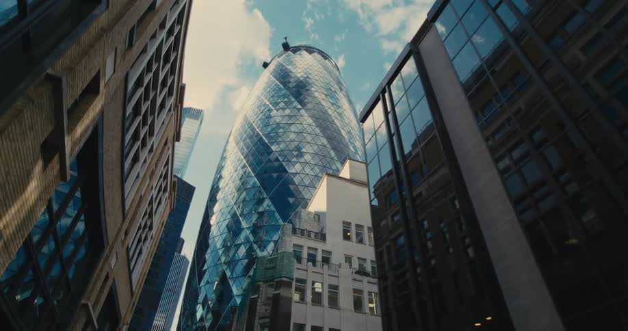 View upwards of modern mirrored buildings and skyscrapers