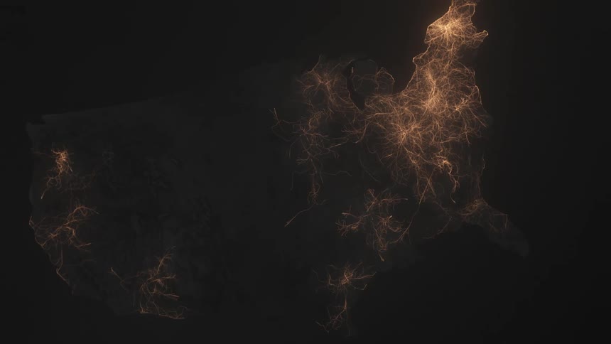 Lines of light form network across dark map of the united states