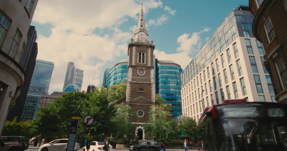Church in the center of a busy metropolis