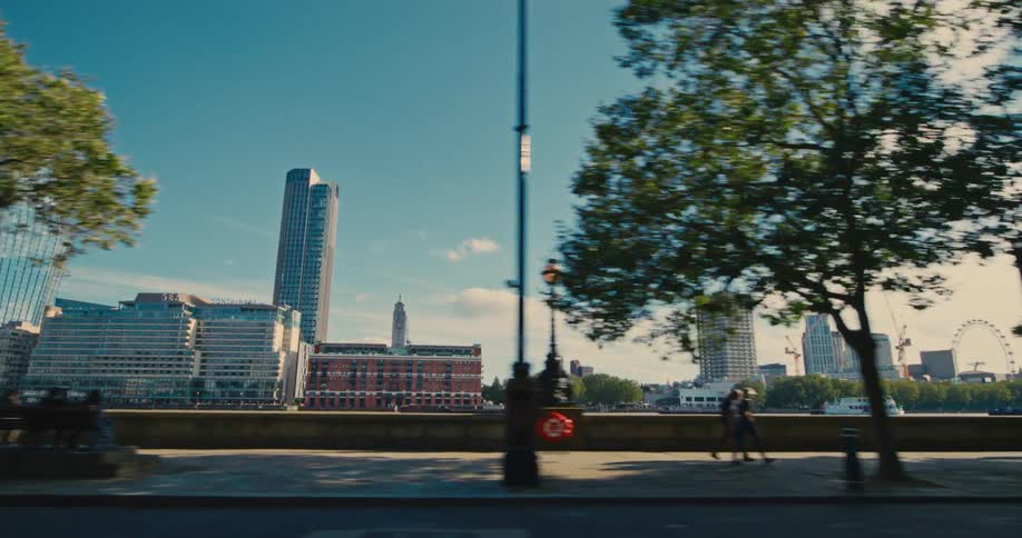 Urban city panorama with waterway during sunny day