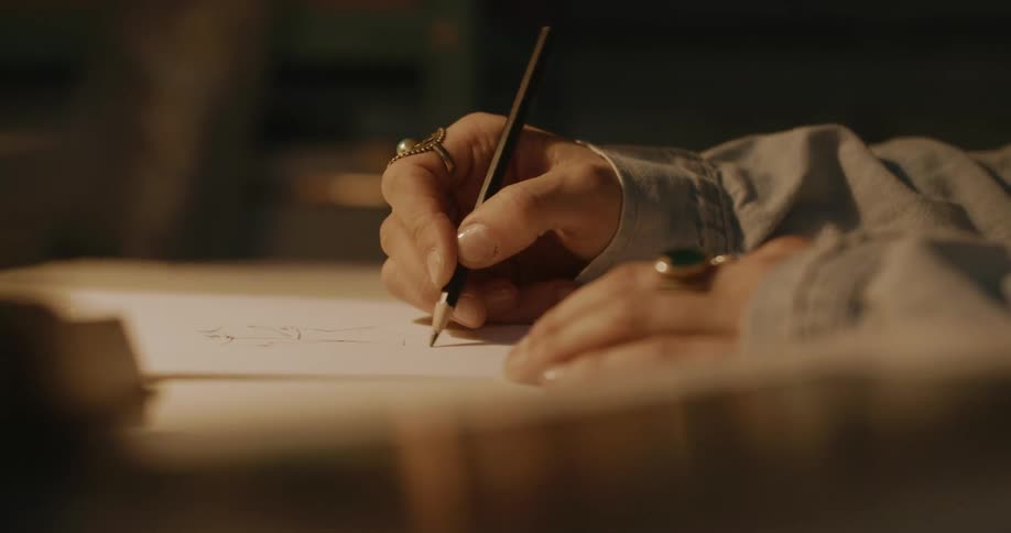Closeup of a womans hands drawing on a blank sheet of paper