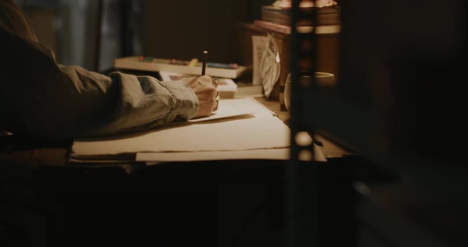 A person drawing at a table in a dark room