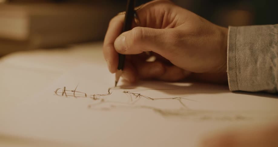 A white person uses a pencil to make a sketch