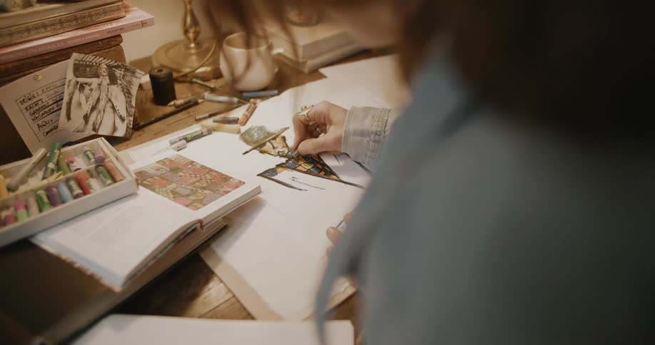 Woman illustrating a colorful fashion drawing on a white sheet