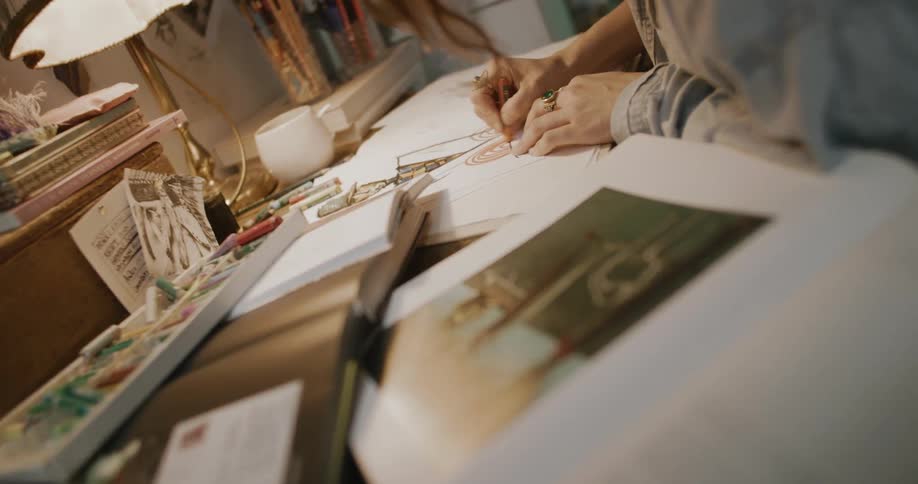 A woman is drawing at her desk