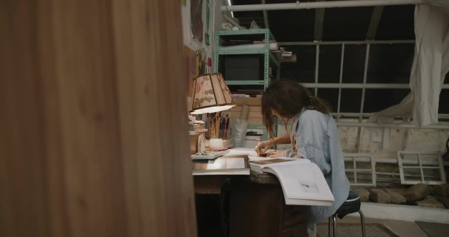 Woman sitting at an office desk drawing