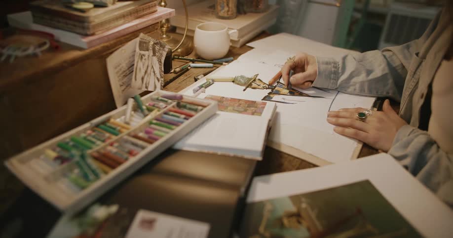 A person is painting a drawing on a white paper using crayons