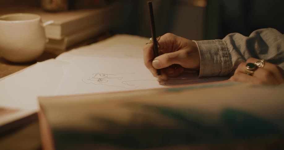Closeup of a womans hands drawing on a white sheet of paper