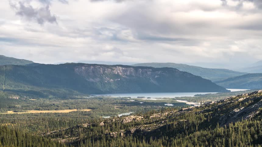 Landscape of mountainous terrain and a lake