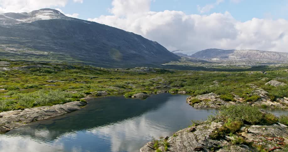 Landscape of a small lake and distant mountains