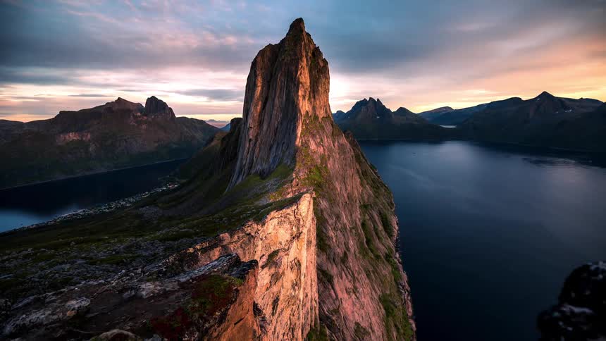 Aerial view of steep mountain ridge near the sea