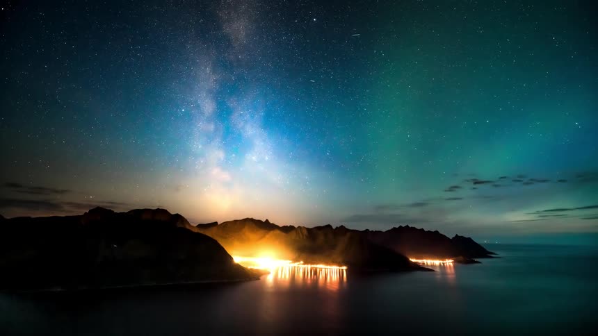 Lights are on the shore of the island