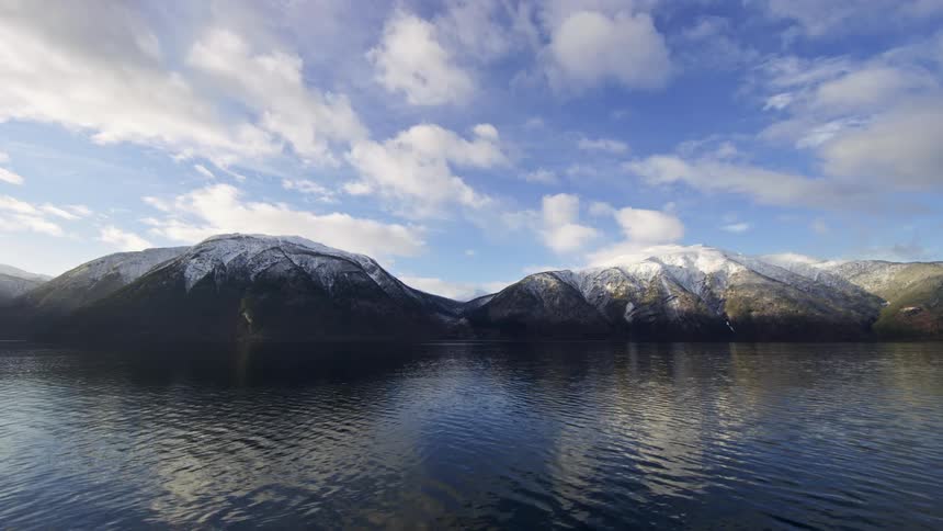 Aerial of a lake surrounded by a mountain range with snow on top during the day