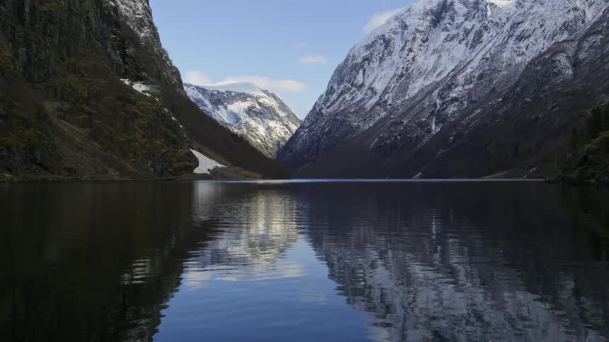 Landscape of a reflective lake amidst mountains covered in snow