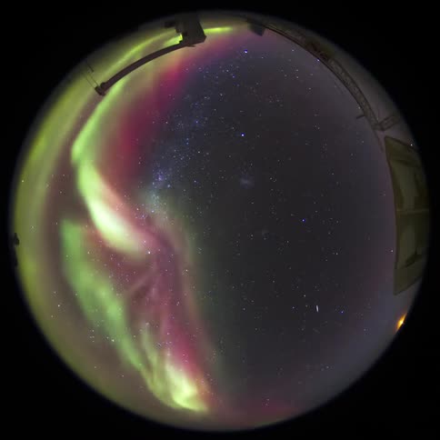 fisheye view of nightsky and Aurora Australis in timelapse