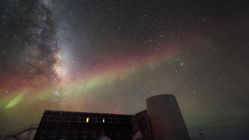 The Aurora Australis shine over the building