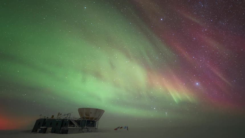 Landscape of a research station in antarctica with a view of the Aurora Australis