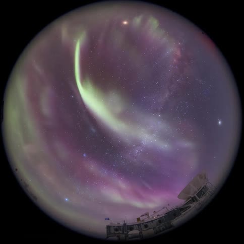 fisheye view to the sky with Aurora Australis in Antarctica