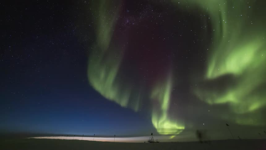 Panorama of the night sky with Aurora Australis in time lapse