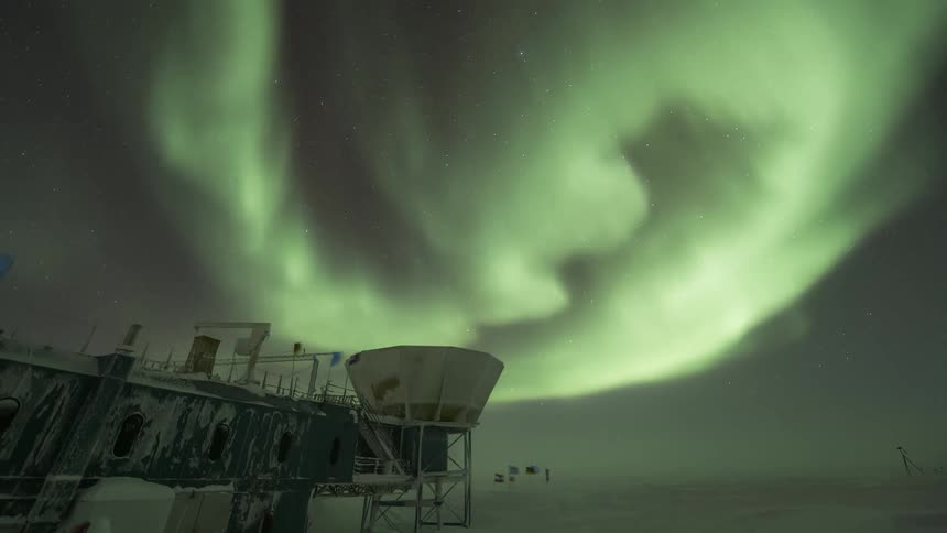 Aurora Australis over a research station at night