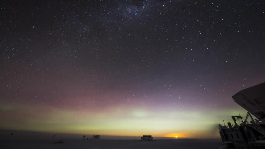 Natural sky landscape with Aurora Australis in timelapse in polar location
