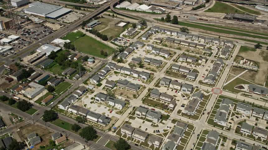 Aerial panorama of a residential neighborhood in the middle of the city