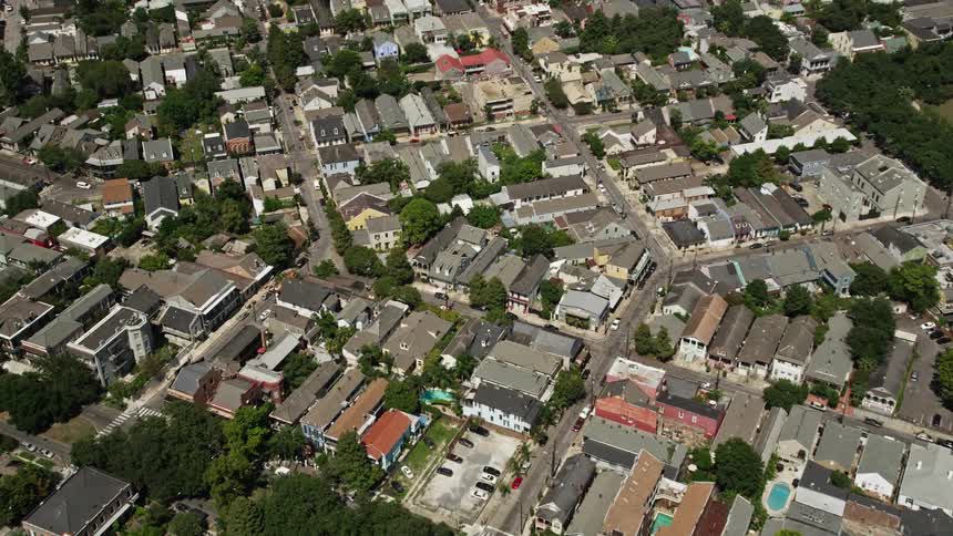 Aerial panorama of a residential neighborhood in the middle of a city