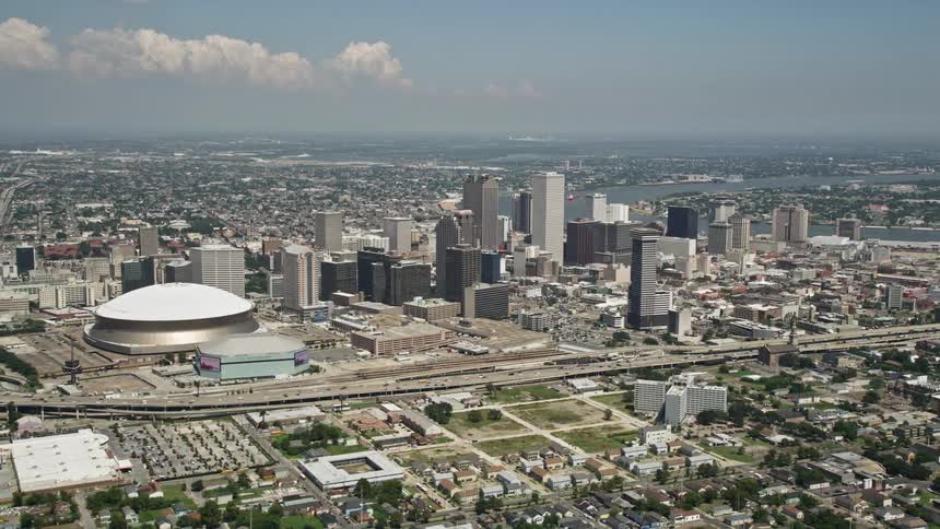 Skyscrapers and a stadium make up a downtown area
