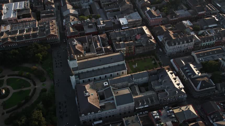 Aerial of a cathedral in a residential neighborhood