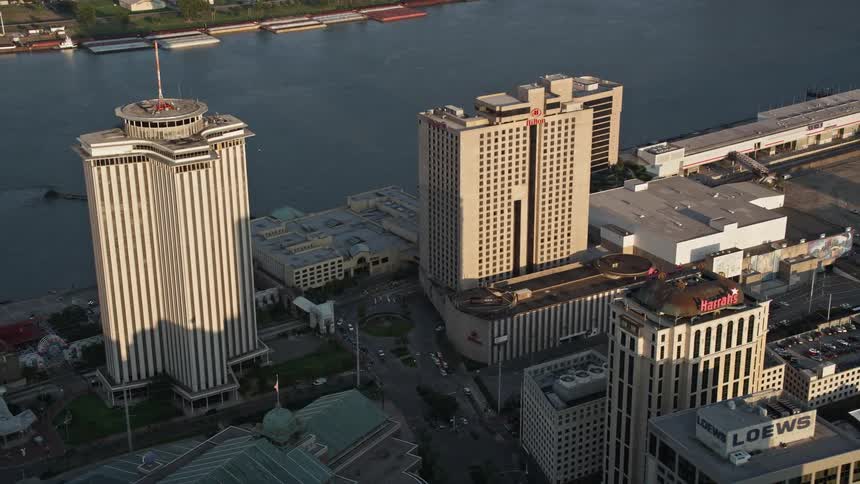 Aerial panorama of large buildings on the edge of the sea canal