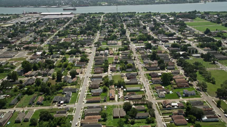 A suburb sits next to a river