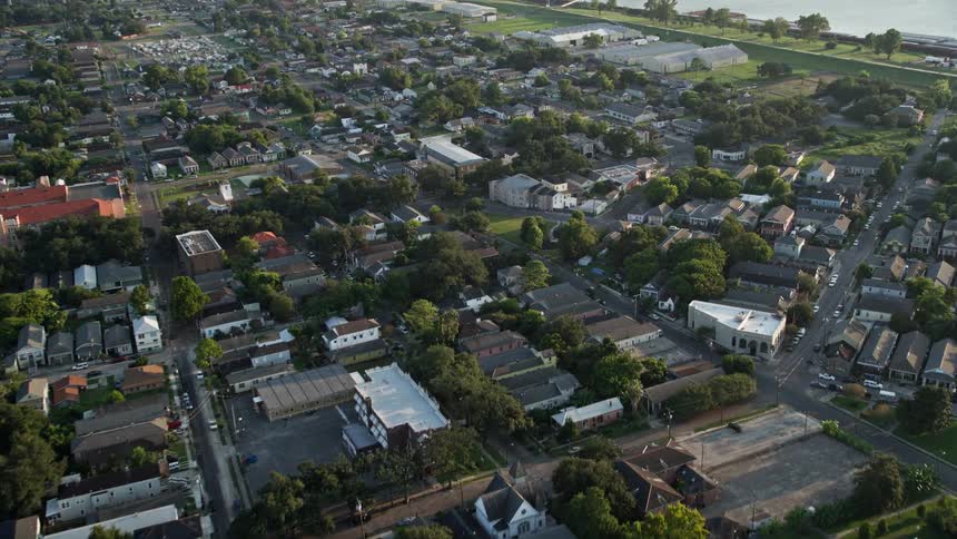 A city suburb near a river