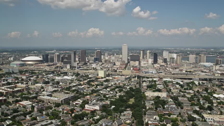 A downtown area of a city near a river
