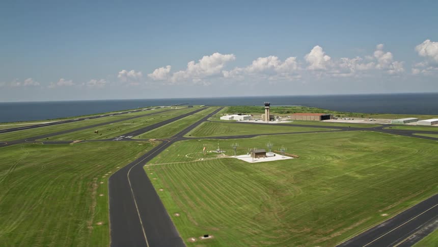 Aerial panorama of a seaside airstrip