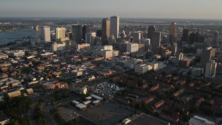 Aerial panorama of a metropolis with a skyscraper and seaside