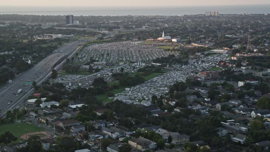 A city area with a highway carrying traffic