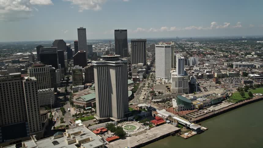 Aerial of city office buildings during the day